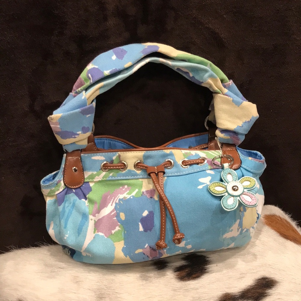 Women’s light blue, floral, shoulder bag, with inside pockets, & key ring.